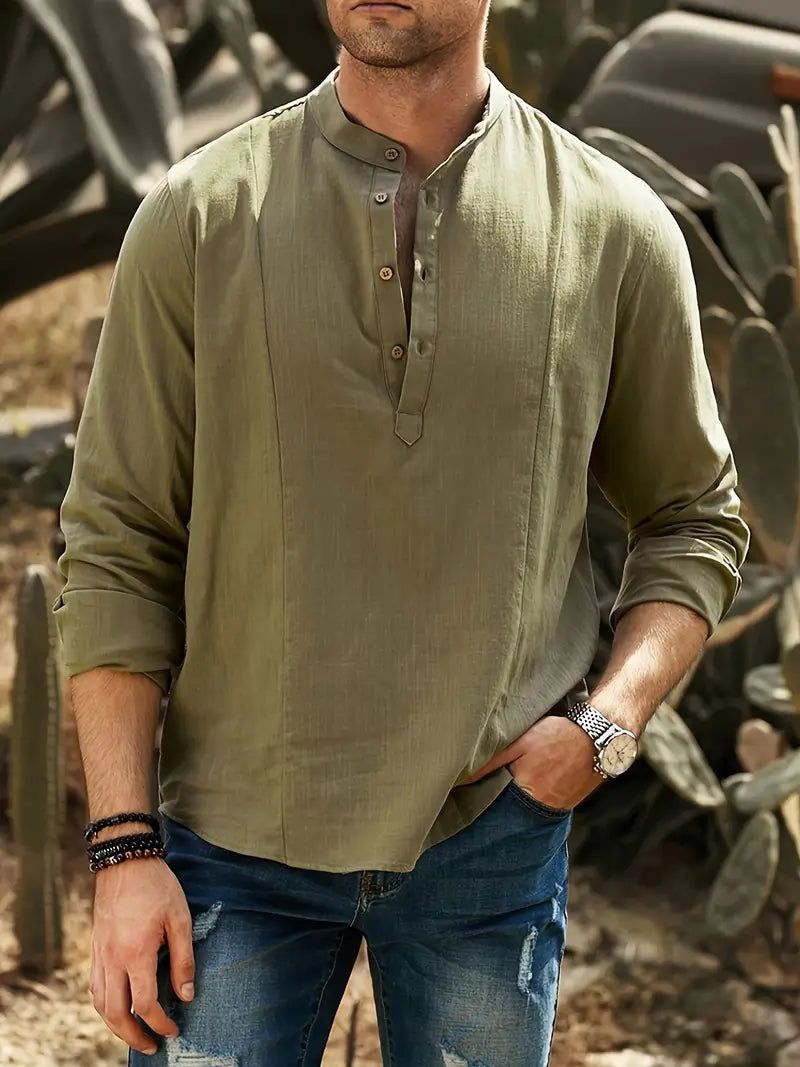 Strandshirt Lichtblauw Relaxed Fit met Staande Kraag