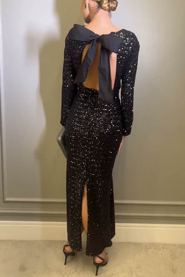 Autumn Winter Sexy Backless Sequined Evening Dress Dress Women