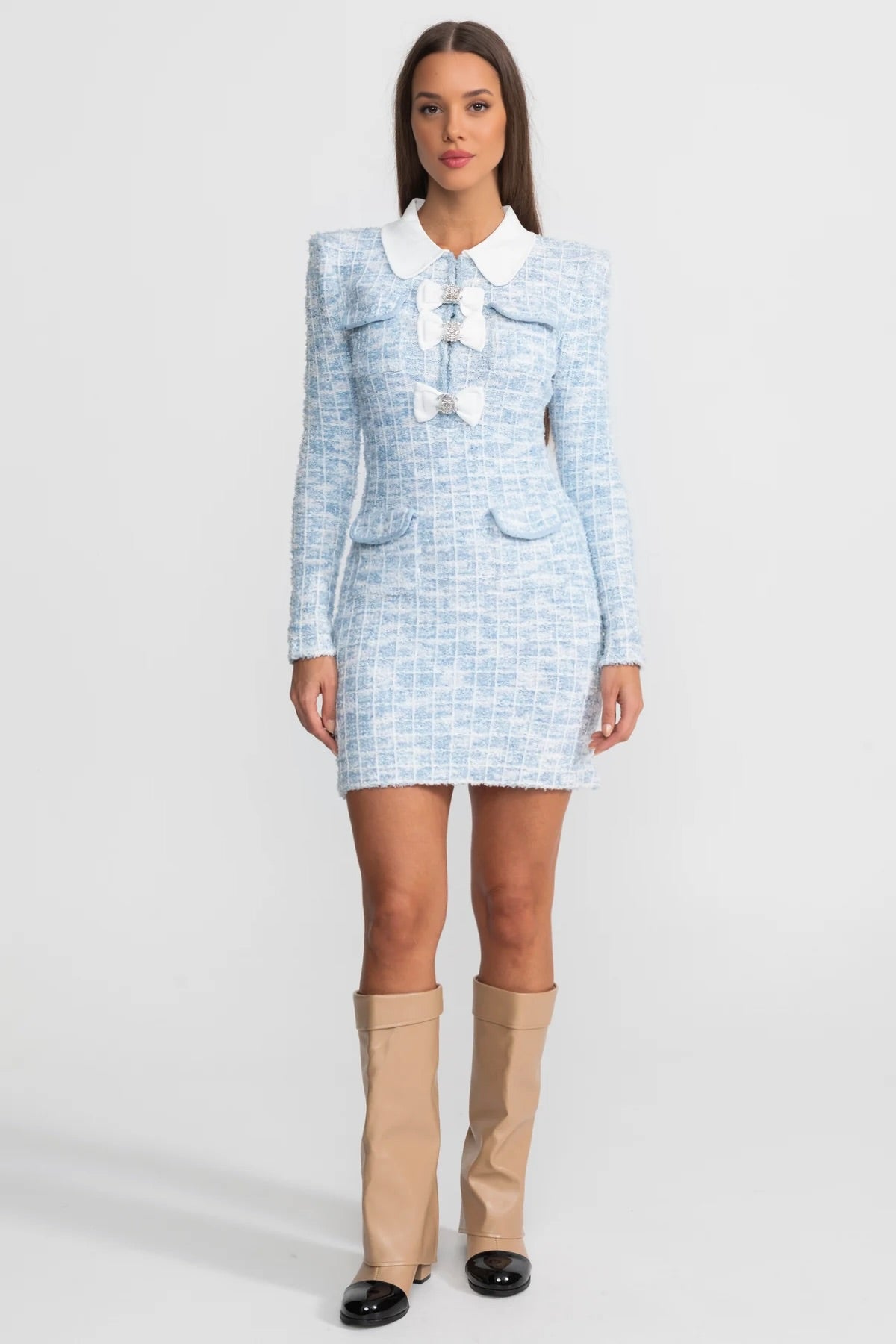 Mini Jurk met Contrasterende Kraag en Strik
