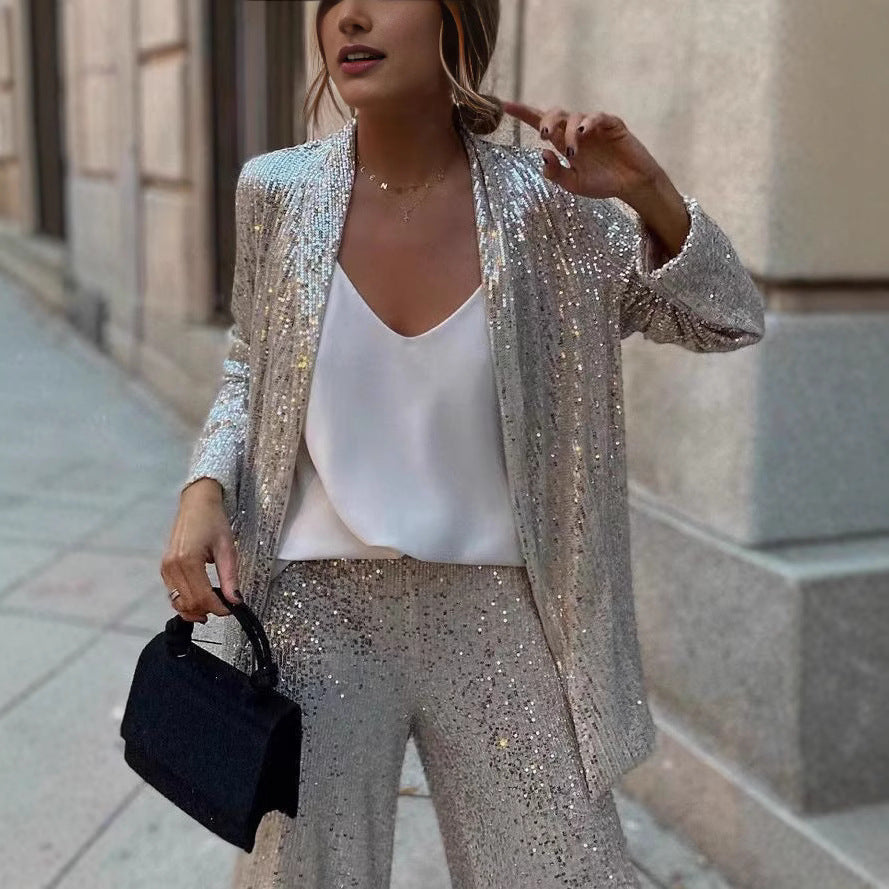 Dames Feestelijke Pailletten Blazer Set Wijd Met Broek