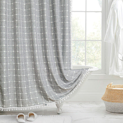 Douchegordijn Linnen Bohemian Waterproof Kwastjes 180x200cm Badkamer Beige Geruit
