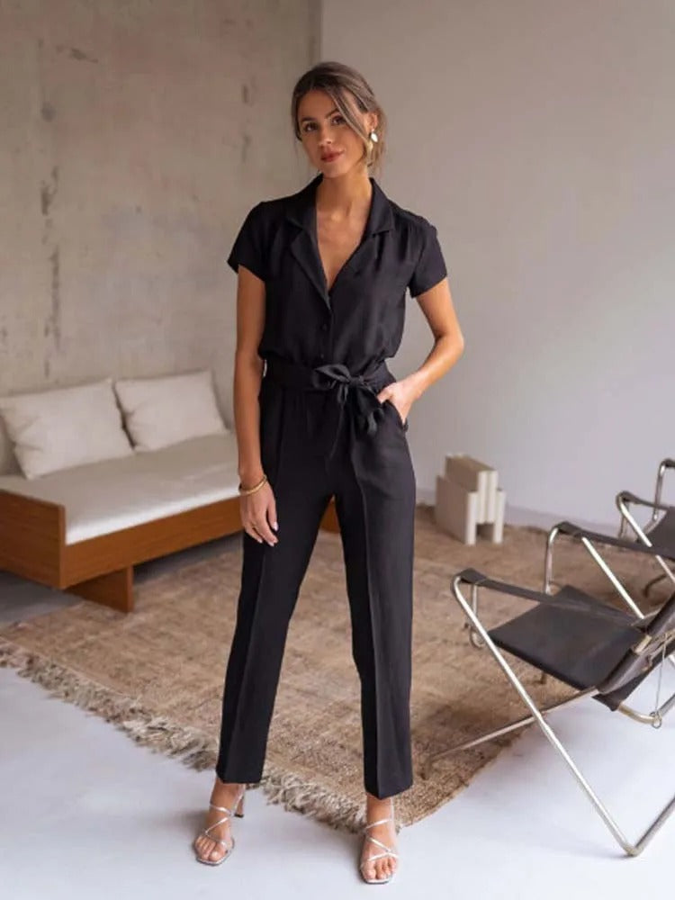 Vrouwelijke Jumpsuit Met V-Hals en Patchwork Stof - StudioMarella