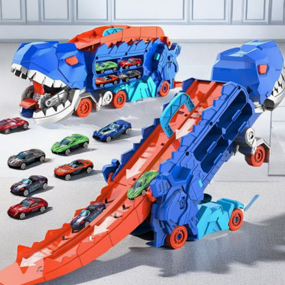 3-in-1 Speelgoedtruck met T-Rex Transporter voor Kinderen - Racebaan Auto Opslag Dino Speelset Educatief