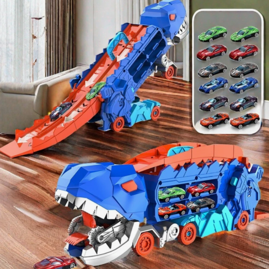 3-in-1 Speelgoedtruck met T-Rex Transporter voor Kinderen - Racebaan Auto Opslag Dino Speelset Educatief