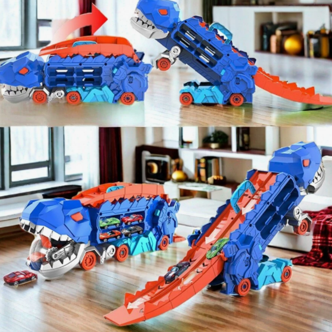 3-in-1 Speelgoedtruck met T-Rex Transporter voor Kinderen - Racebaan Auto Opslag Dino Speelset Educatief