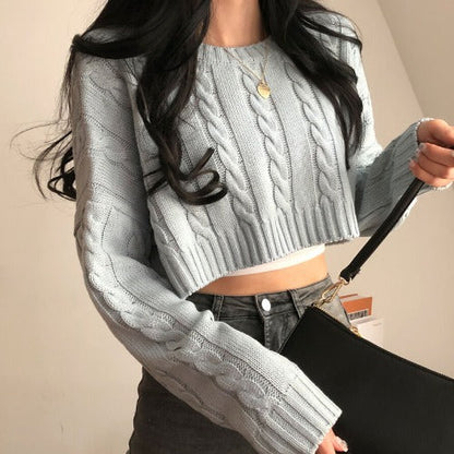 Dames Trui Kabelpatroon Cropped Ronde Hals Trendy