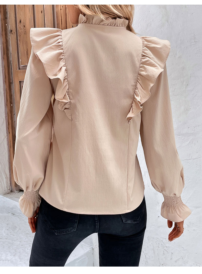Dames Blouse Beige Ruches Romantische Stijl
