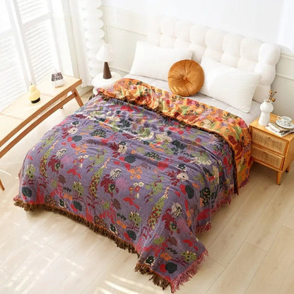 Botanische Katoenen Plaid met Kwasten – Gebloemde Jacquardweving Omkeerbaar Bedsprei Bankkleed Fauteuil Deken voor Alle Seizoenen