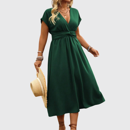 Midi Jurk Luchtige V-hals Zomerse Groene Kleur