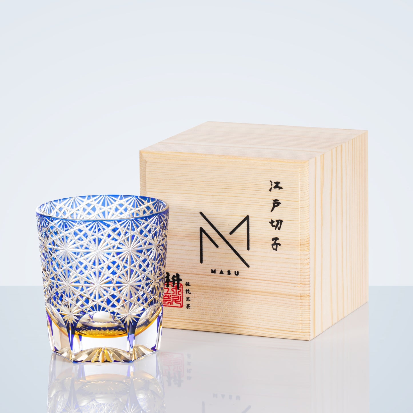 Whiskeyglas Edo Kiriko Blauw Amber Handgemaakt Sterchysant Sterrenzee Japans Kristal