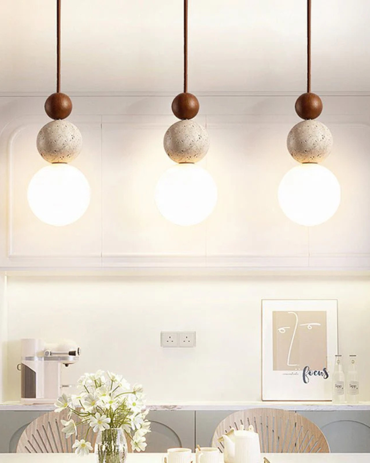 Sculptuur Hanglamp met Natuursteen en Glazen Bol – Warm Ambient Licht voor Eetkamer Woonkamer Slaapkamer – Japandi Design Hangverlichting