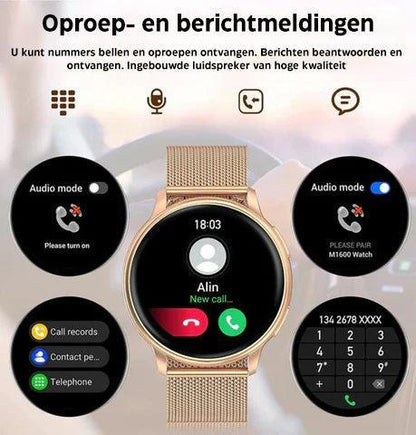 Smartwatch Dames met Hartslagmeter en Belfunctie — Fitness Tracker Bluetooth Stappenteller Slaapmonitoring Bloedzuurstofmeting