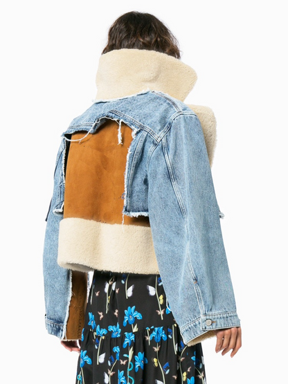 Denim Sherpa Jas Kort Warm Fleece Binnenwerk