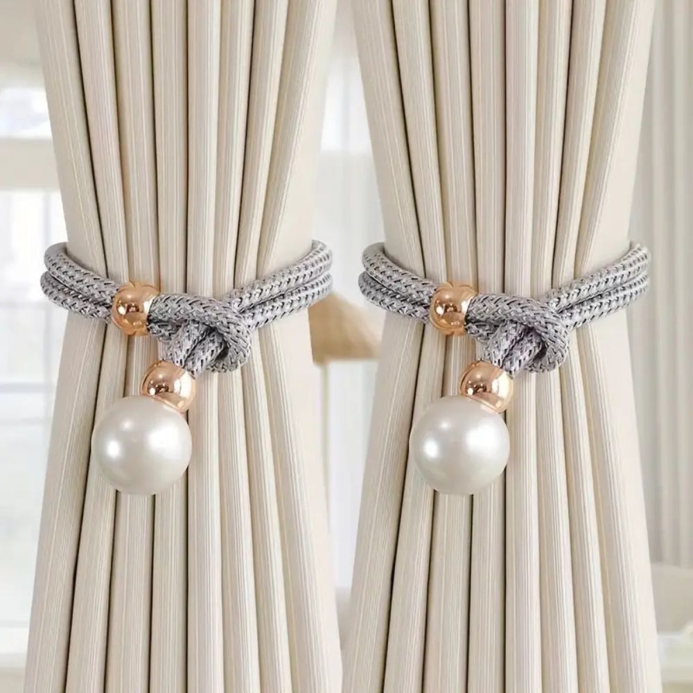 Decoratieve Gordijnomarmers met Parelaccent – Set van 2 Stuks – Verstelbare Touwhouders voor Woonkamer Slaapkamer – Elegante Raamversiering