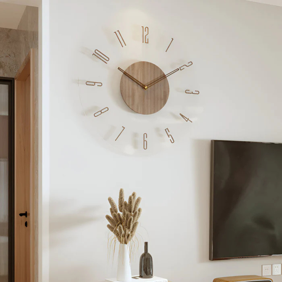 Wandklok Acryl & Hout Ø30 cm – Stille uurwerk moderne tijdsweergave scandinavische stijl woonkamer keuken kantoor