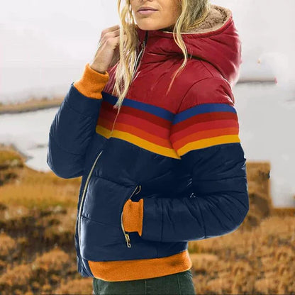 Dames Pufferjas Warm en Stijlvol – Retro Winterjas Colorblock