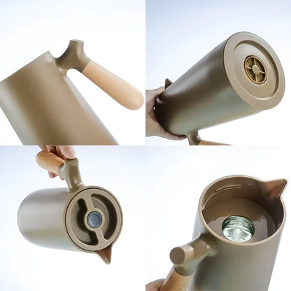 Thermoskan 1L RVS Houten Handvat Beige Keuken Koffie Thee Geïsoleerde Karaf Dubbelwandig Lekvrij Design Karaf Scandinavisch