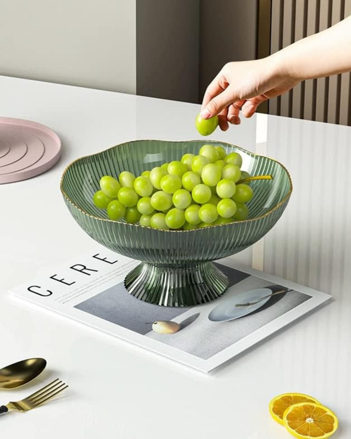 Fruitschaal op Voet met Goudrand Geribbeld Keramiek Transparant Groen Grijs voor Tafelcenterpiece Interieur