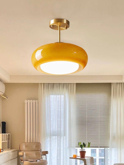 Plafondlamp Glazen Schijf Bauhaus Design Messing of Chroom Oranjegeel of Wit Glas Retro Stijlvolle Verlichting