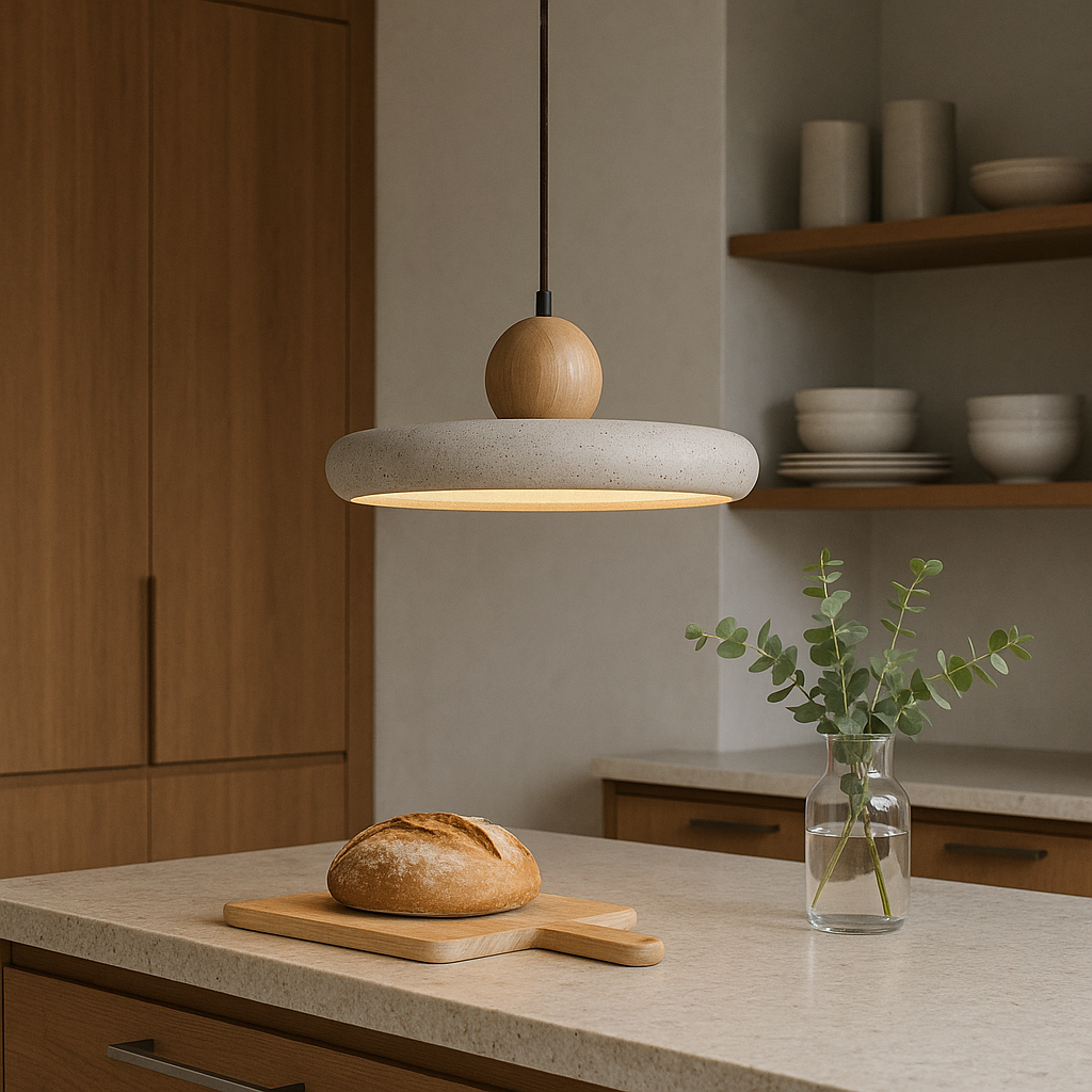 Travertijn Hout Hanglamp LED Ø30cm Beige Eetkamer Scandinavisch Minimalistisch Design Natuursteen Hanglamp Verlichting