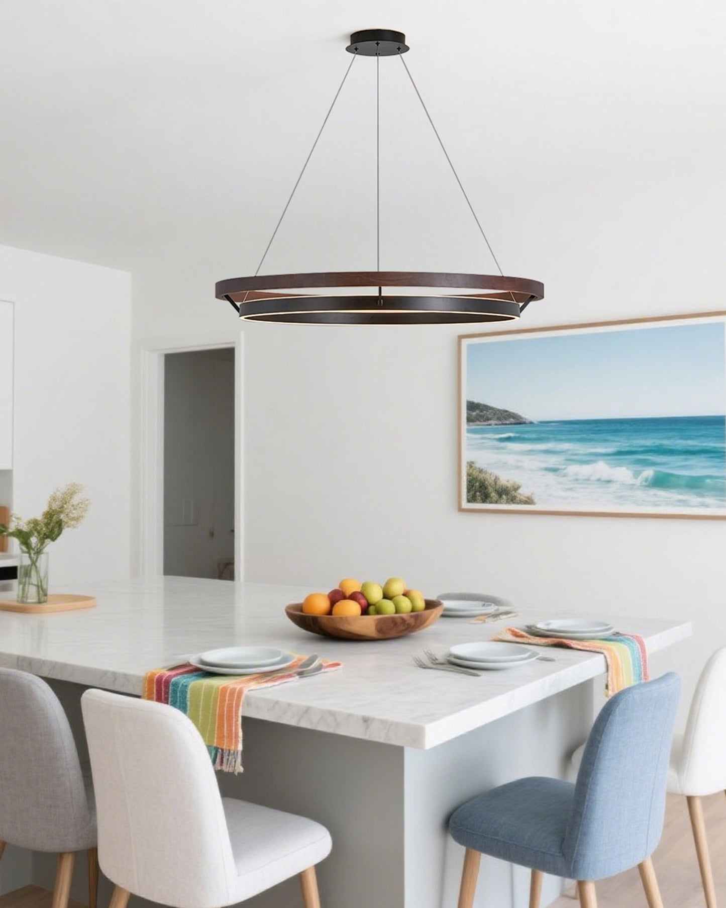 Houten Ringkroonluchter LED Ingebouwd Warm Wit Dimbaar Eetkamer Woonkamer Plafondlamp Modern Farmhouse