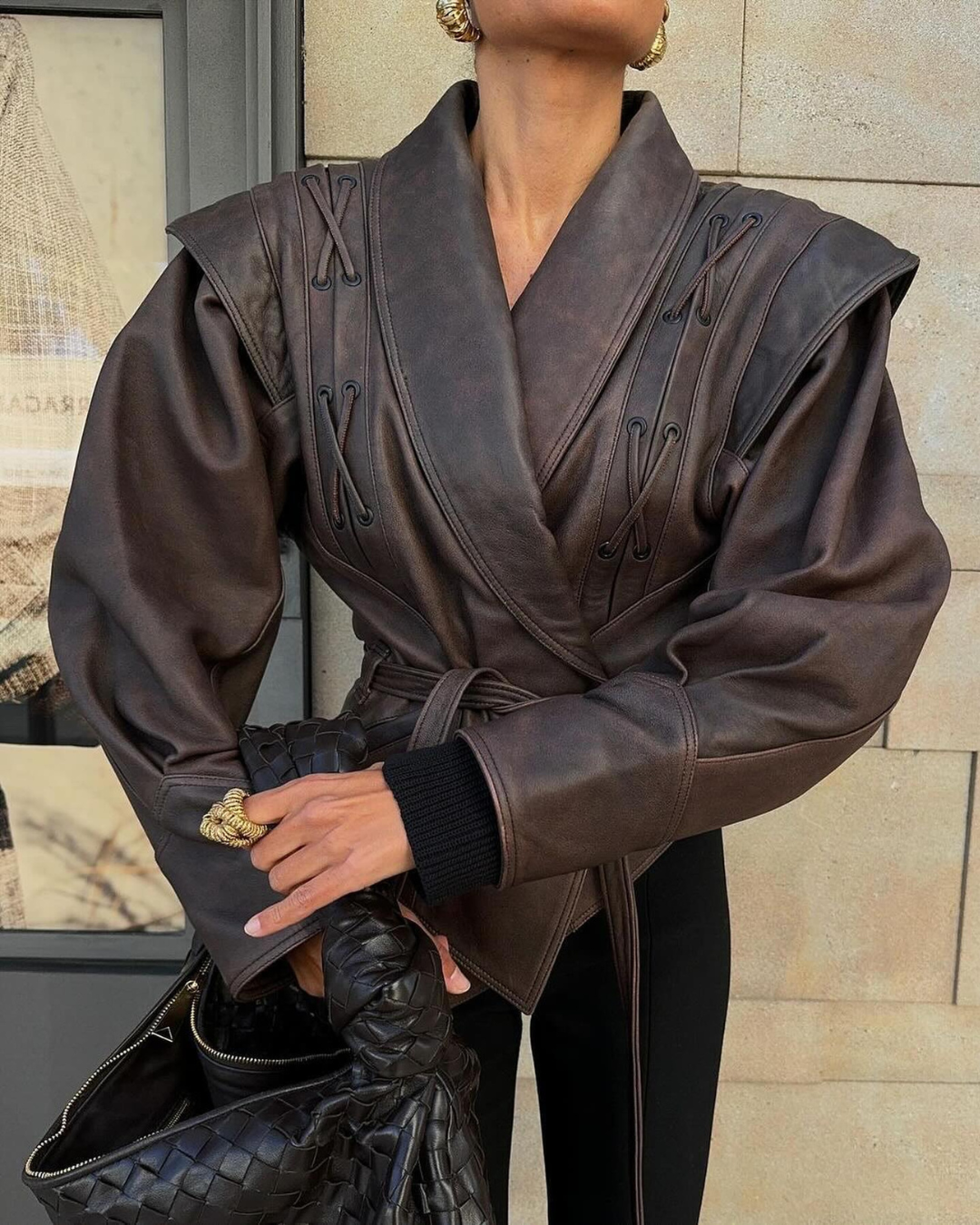 Leren Jas Bruin Luxe met Wikkel Detail