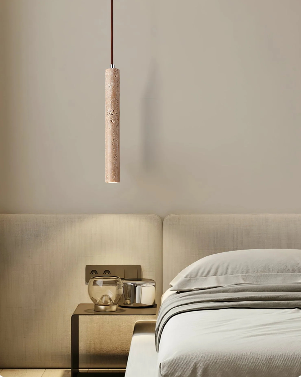 Natuurlijke travertin hanglamp met cilindervormig design voor eetkamer en hal – Japandi natuursteen verlichting
