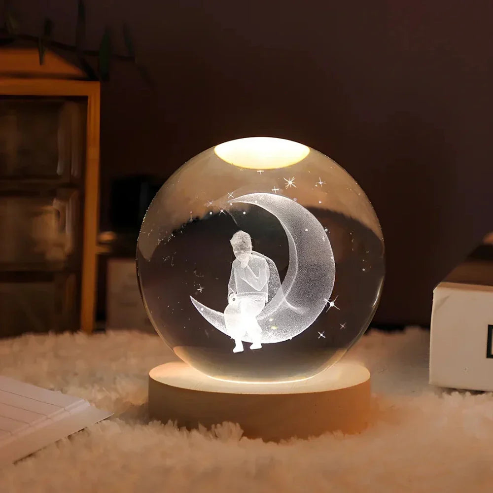 Glazen Nachtlampje met 3D Lasergravure en LED Verlichting op Houten Voet – Sfeerverlichting voor Slaapkamer en Woonkamer