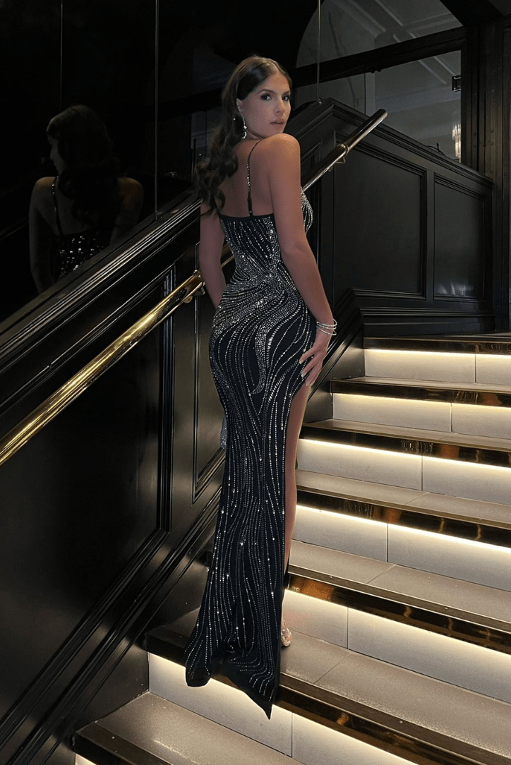 Avondjurk Zwart Lange Mouw Glitter Strass Feestjurk