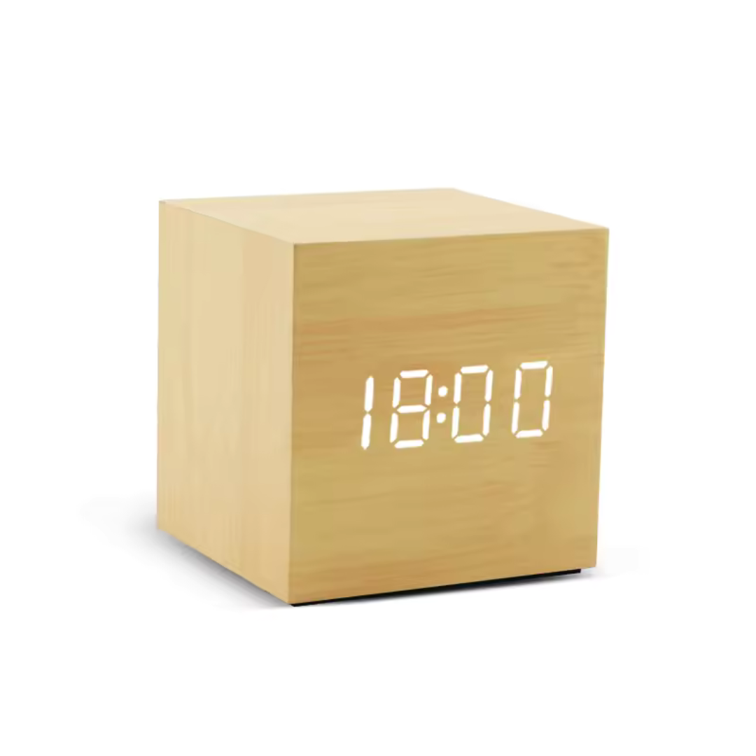 Digitale Wekker met LED-Lichtsensor en Stemactivatie – Compacte Kubusvorm met Multifunctioneel Display