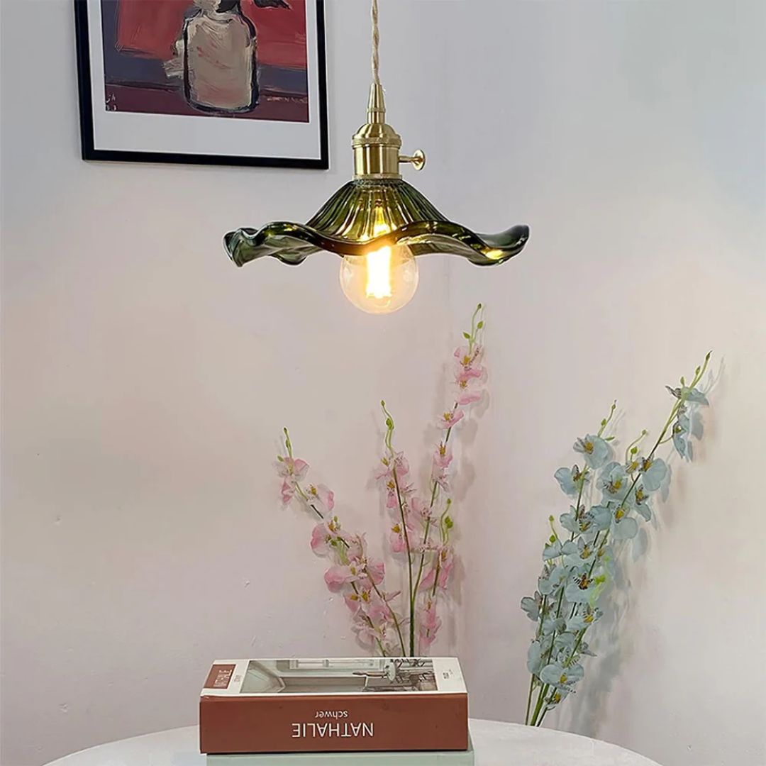 Hanglamp Glas E27 23cm Groen Messing Bloemvorm Eettafel Slaapkamer Retro Verlichting Vintage Hanglamp