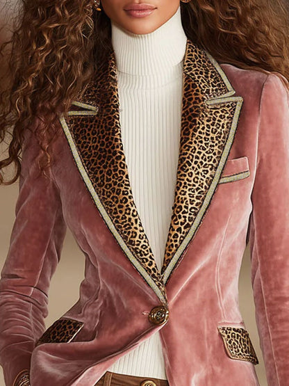Dames Blazer Fluwelen Luipaardprint Roze Eénknoopsluiting