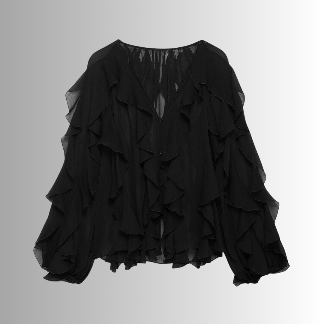 Vrouwelijke Blouse Ruches Doorzichtige Mouwen Romantisch Design