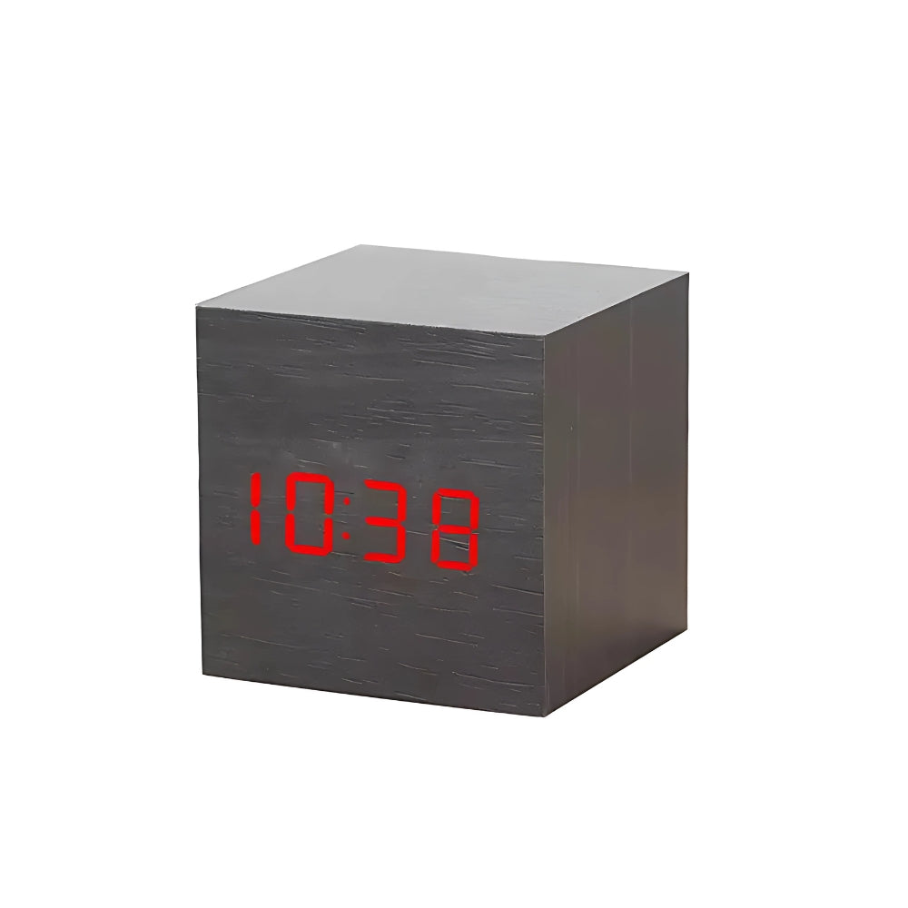 Digitale LED Wekker Kubus met Temperatuur Display Hout Finish