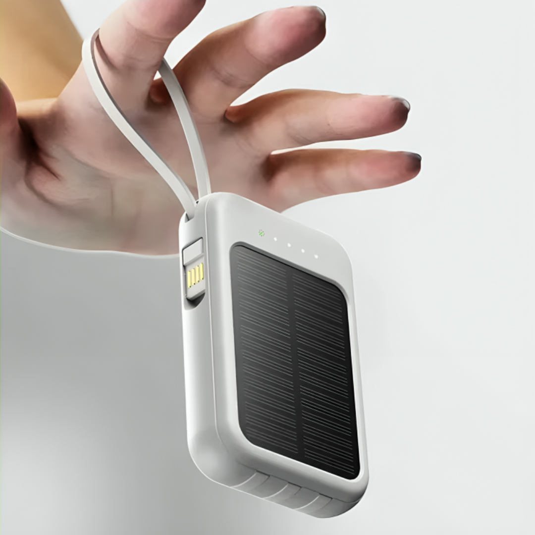 Oplaadbare Powerbank 20000mAh met Zonnepaneel, LED-Zaklamp en Ingebouwde Kabels – Draagbare Noodaccu met Dubbele USB- en Type-C-Aansluiting voor Smartphone en Tablet