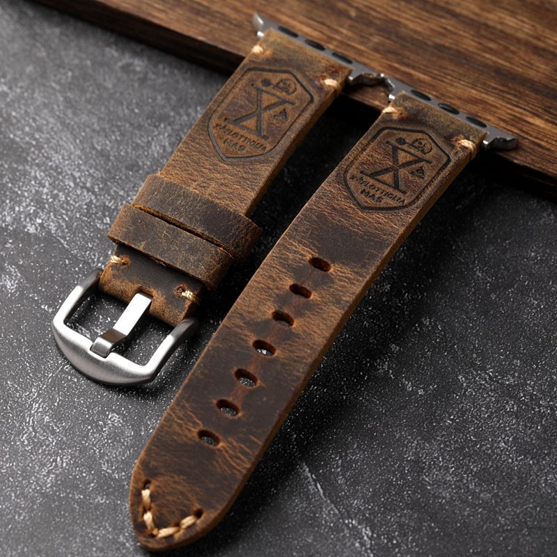 Vintage Leren Horlogeband voor Apple Watch met Handgestikte Naden en Volledig Narfleder Afwerking | Verstelbare Bandje 40-49mm voor Authentieke Retro Look Patina Ontwikkeling