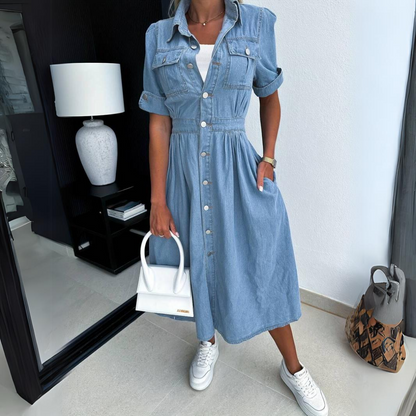 Blauwe Jurk Midi Denim met Knoopsluiting Casual Stijl - StudioMarella