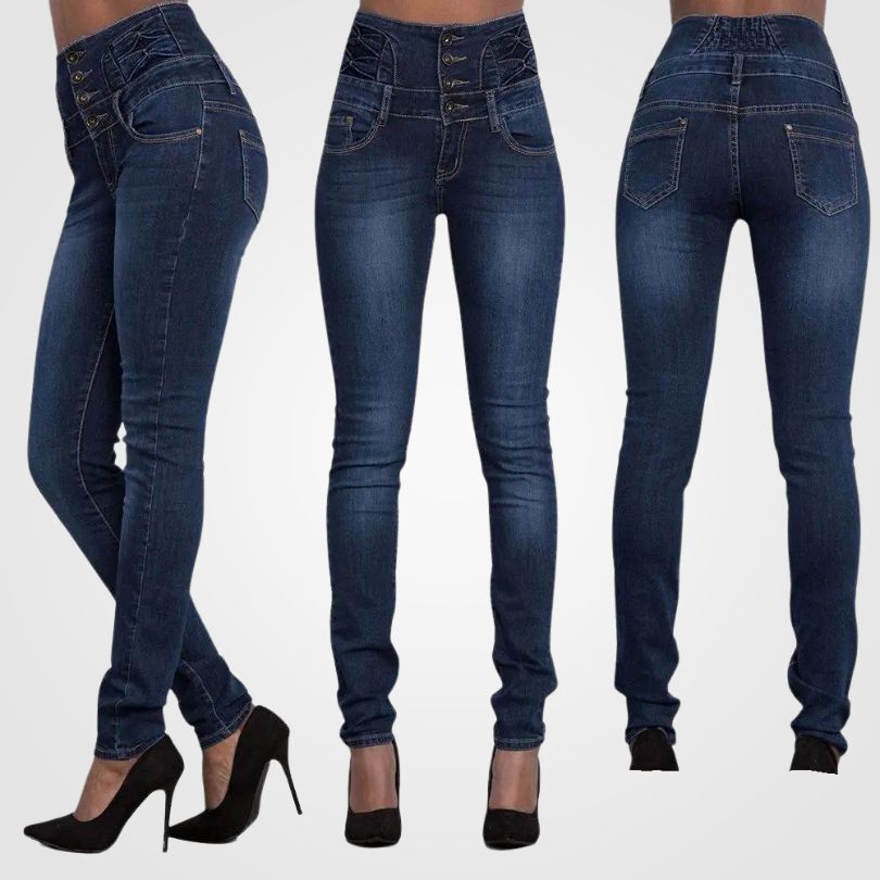 Hoge Taille Jeans Dames Slim Fit Donkerblauw Denim