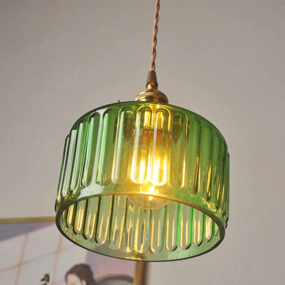Quilivon Hanglamp Glas Messing Groen E27 Keuken Eettafel Retro Verlichting Geribbeld Glas Design