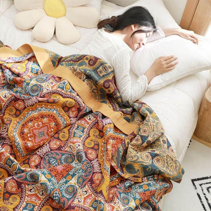 Omkeerbare Plaid in Boho-Stijl met Koelend Effect – Dubbelzijdig Zomerdeken met Vochtafvoer – Zacht Katoenen Sprei voor Warme Nachten – Moderne Deken met Zonsopgang-Patroon