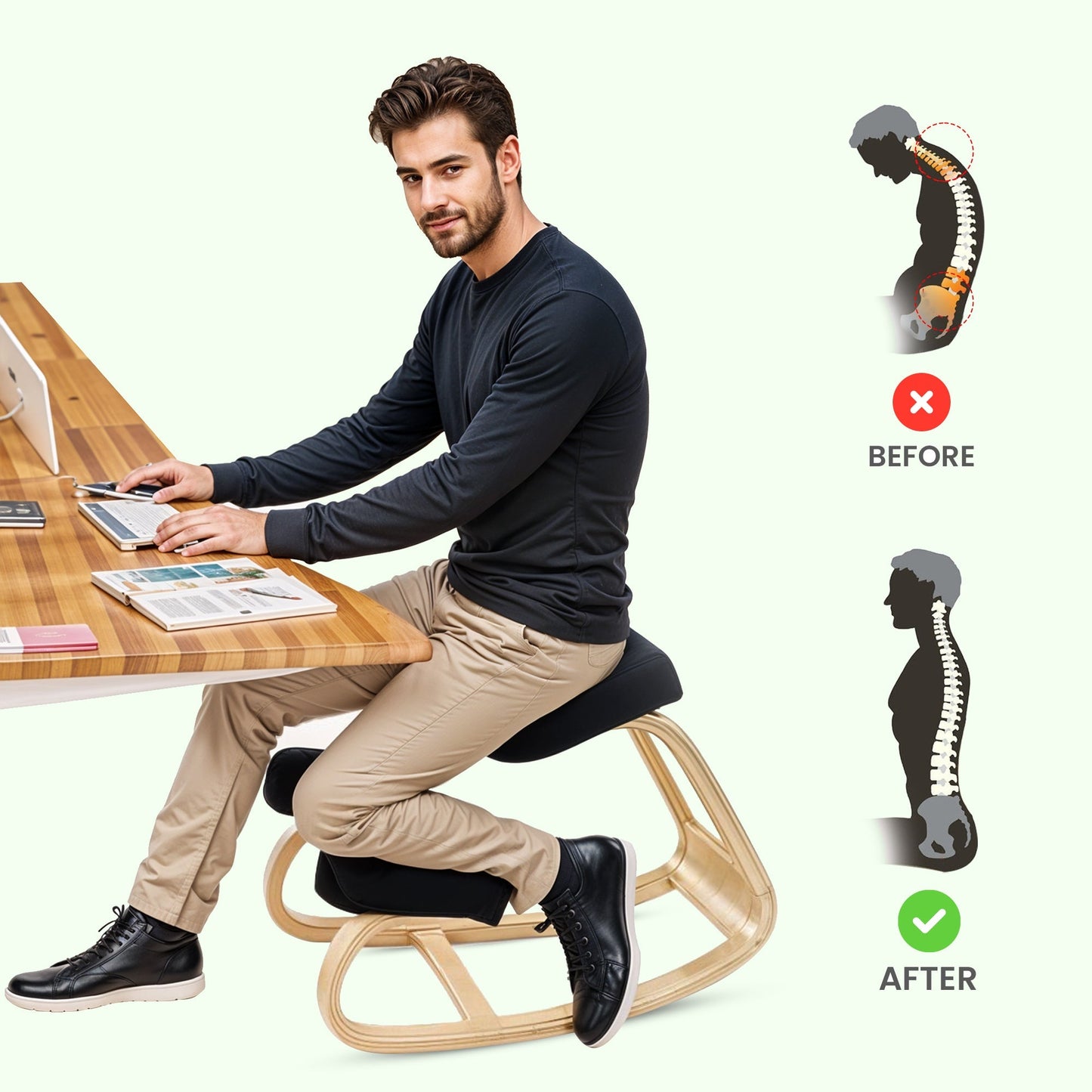 Ergonomische Houten Knielstoel met Schommelbasis en Memory Foam Kussens – Zwart Design