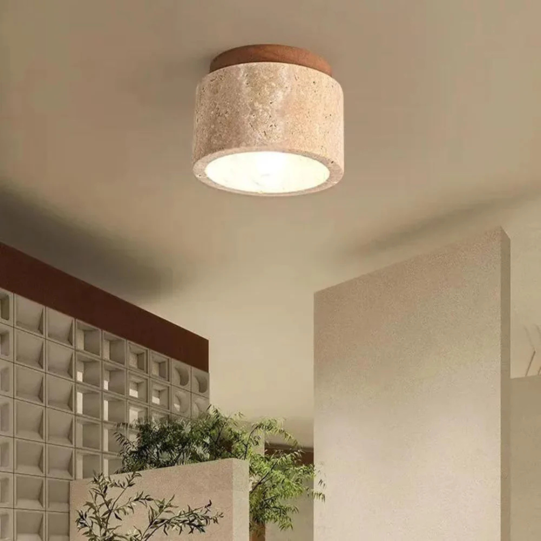 Plafondlamp Travertin Cilinder Met Houten Accent E27 12cm