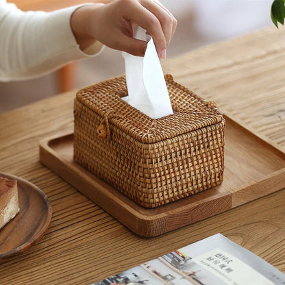 Handgevlochten Rattan Tissuebox met Deksel – Natuurlijke Opbergbox voor Tissues Woonkamer Slaapkamer Kantoor
