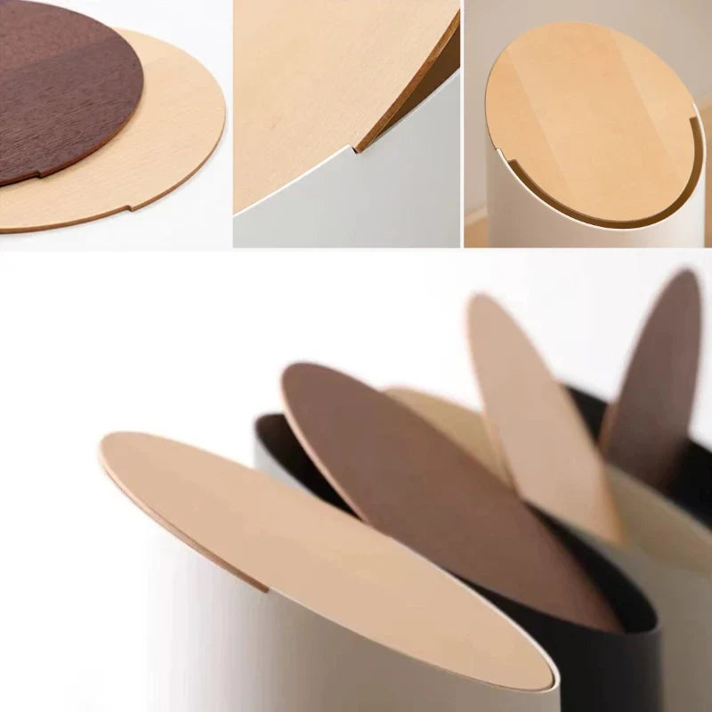 Japandi Afvalbak met Zwenkdeksel – Walnootkleurige Houten Afwerking en Minimalistische Vormgeving – 9L Zwenkafvalbak voor Badkamer en Kantoor