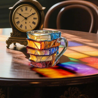 Handgemaakte 3D Boekenmok met Reliëf – Boekenliefhebber Cadeau – Dikwandig Glas – Koffie Thee Beker – Gedetailleerde Boekenruggen