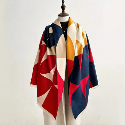 Omkeerbare Sjaal met Geometrisch Blokdesign Warm Zachte Microvezel Poncho voor Herfst en Winter