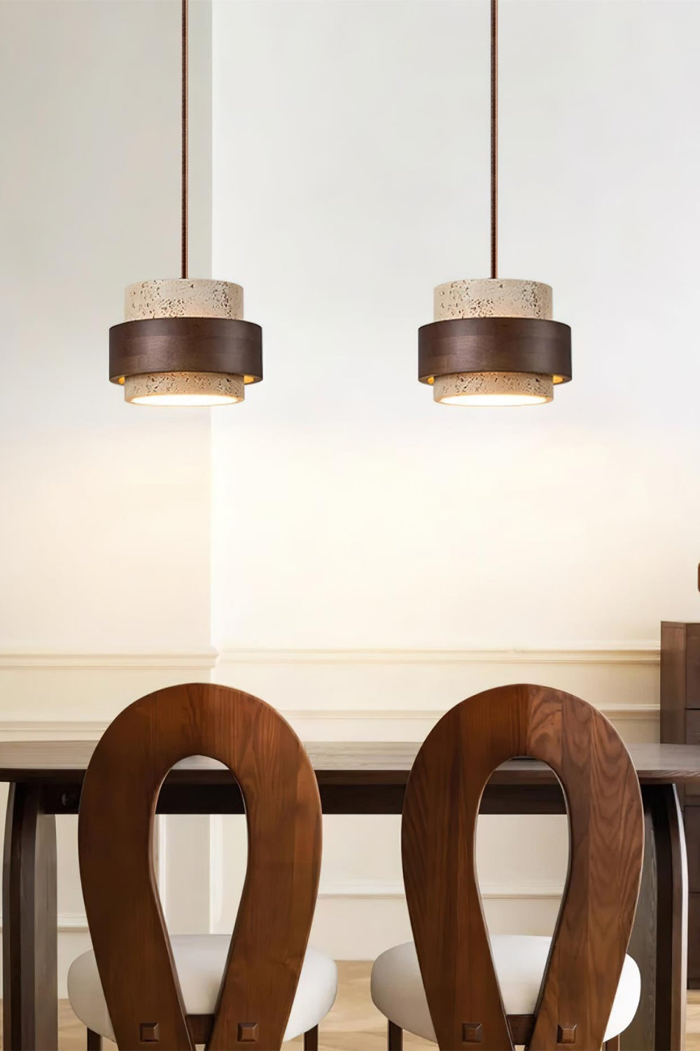 Houten Hanglamp met Travertijn Afwerking – Organische Lichtbron Eetkamer Woonkamer