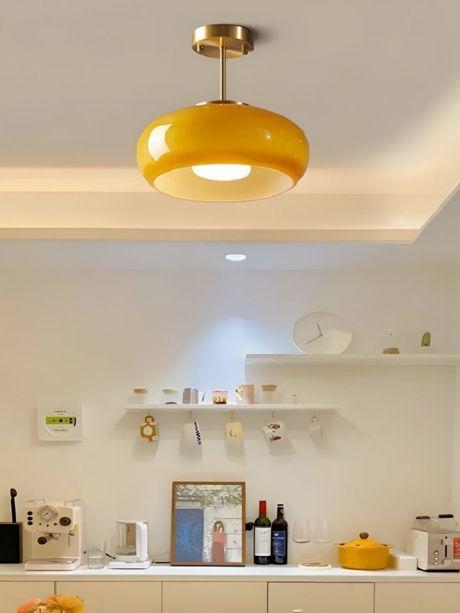 Plafondlamp Glazen Schijf Bauhaus Design Messing of Chroom Oranjegeel of Wit Glas Retro Stijlvolle Verlichting