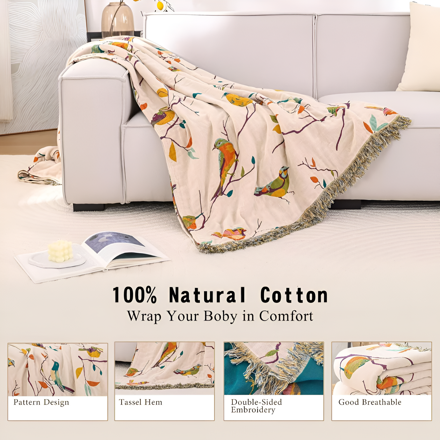 Katoenen Plaid met Vogelmotief en Kwastjes – Vintage Boho Stijl Deken voor Bank, Bed of Picknick