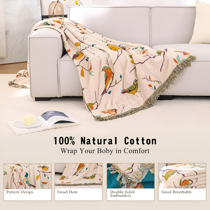 Katoenen Plaid met Vogelmotief en Kwastjes – Vintage Boho Stijl Deken voor Bank, Bed of Picknick
